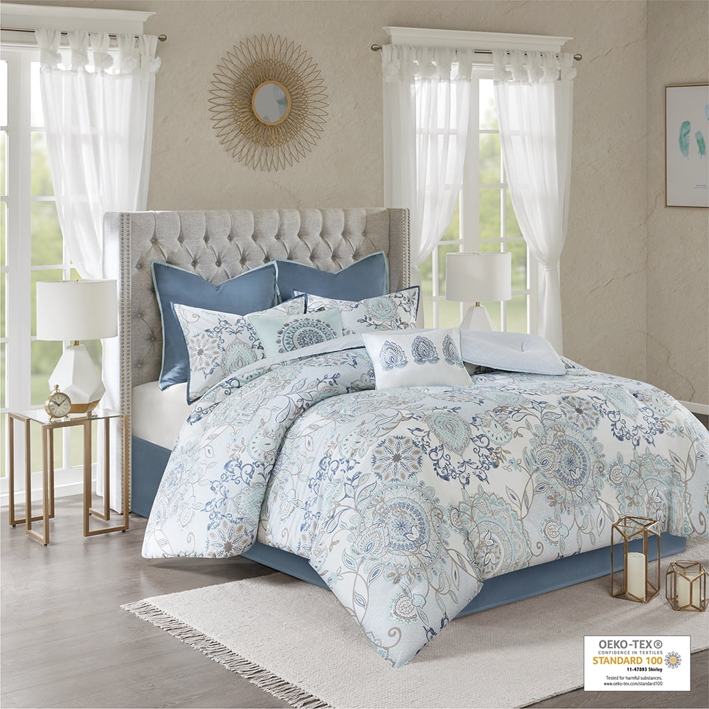 King Isla 8-Piece Cotton Floral Medallion Reversible Comforter Set, Blue