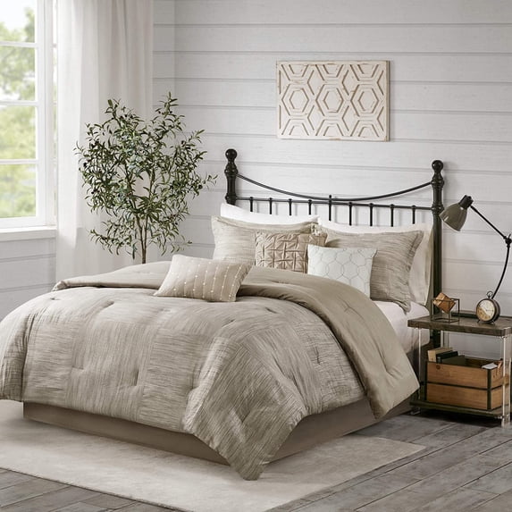 Madison Park King Size 7 Piece Printed Seersucker Comforter Set Taupe,Bed in a Bag,All Season Bed Set,Cozy and Lightweight