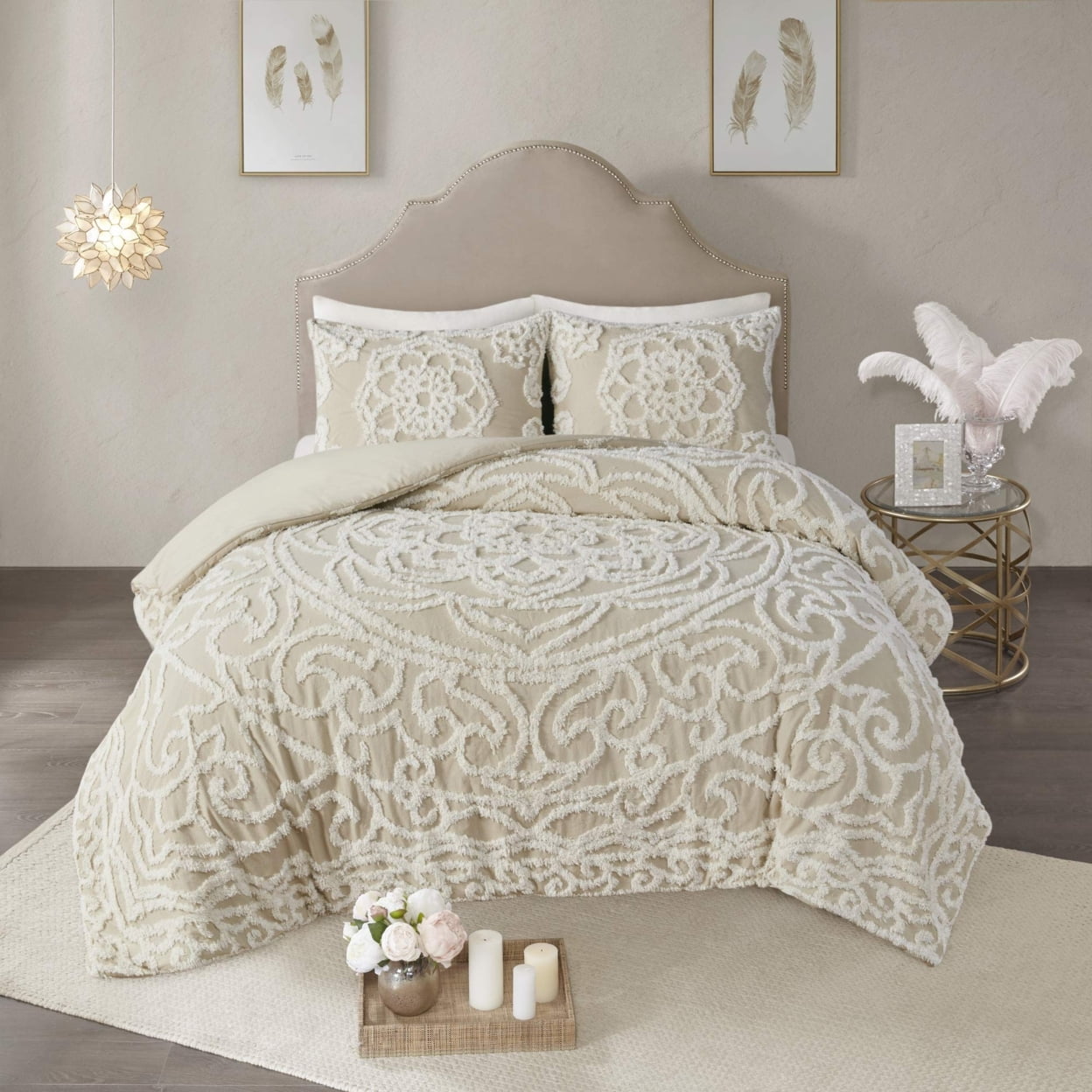 Taupe Cotton Chenille Medallion Queen Duvet Cover Set