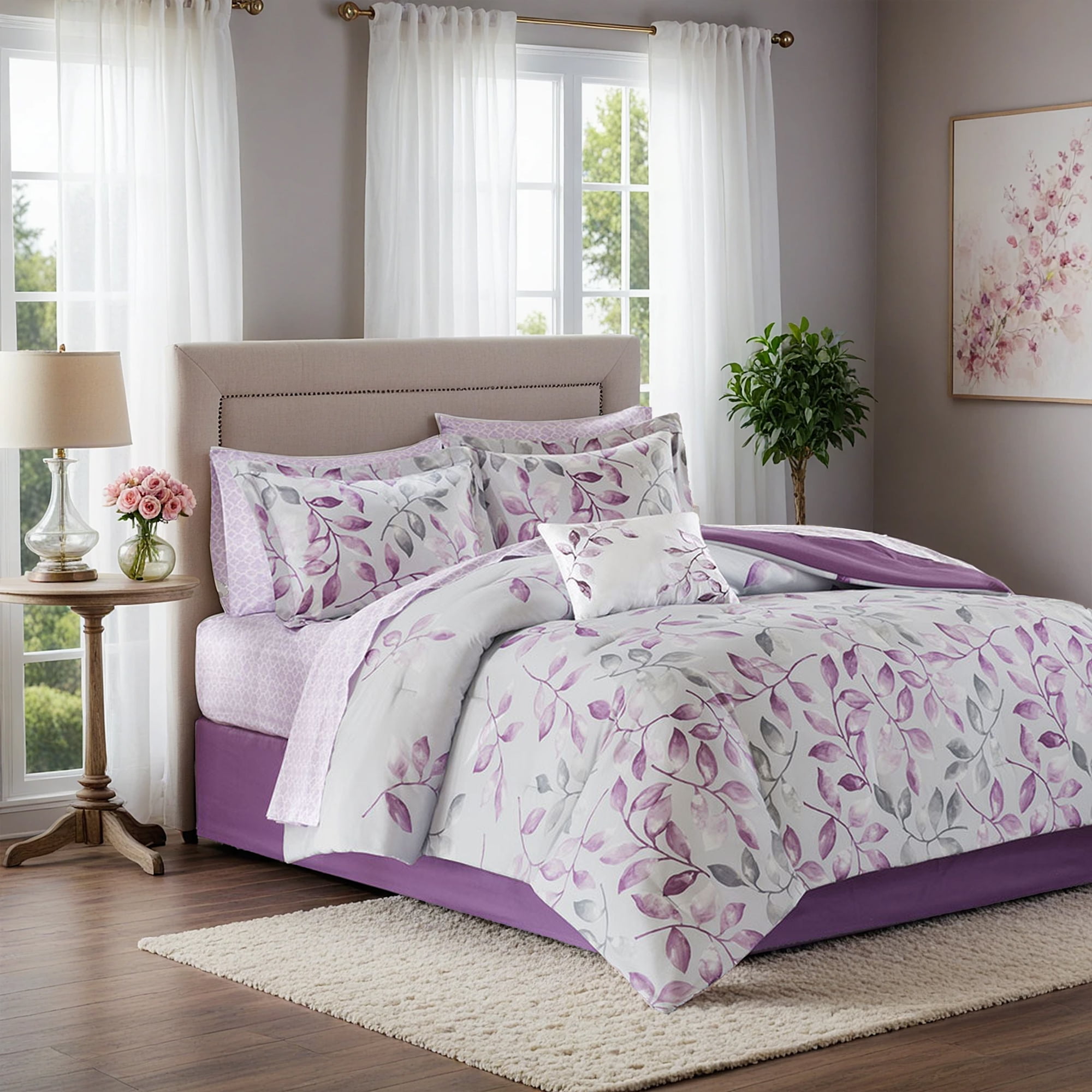 Queen Purple Microfiber Floral Comforter Set with Cotton Sheets