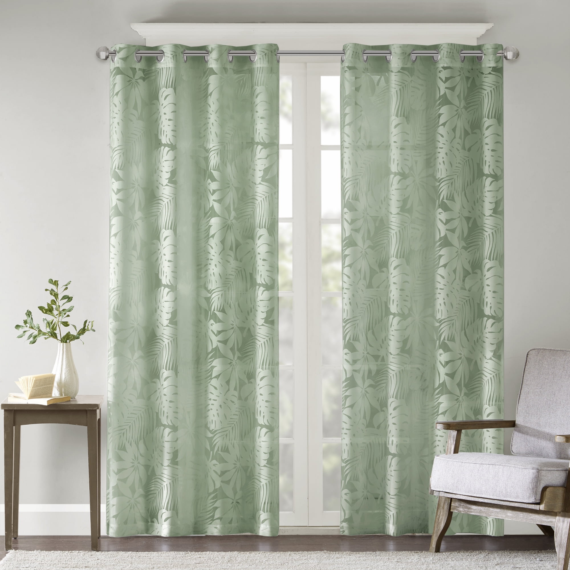 Sage Green Tropical Palm Leaf Sheer Grommet Drapes