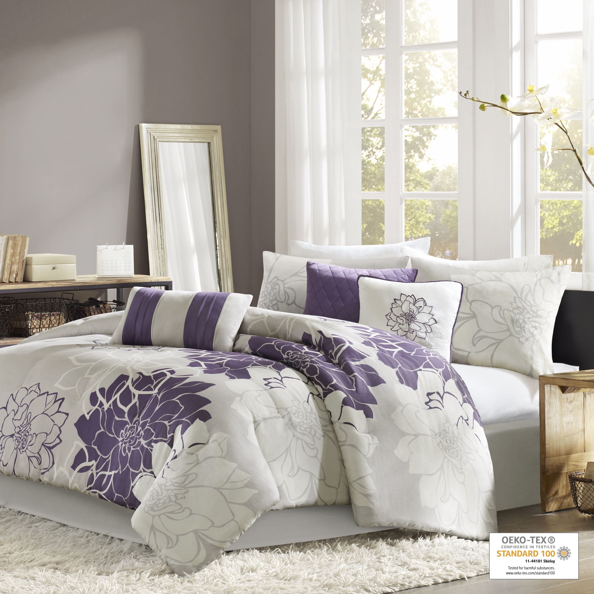 Madison Park Lola 7 Piece Print Comforter Set, Queen, Grey/Purple
