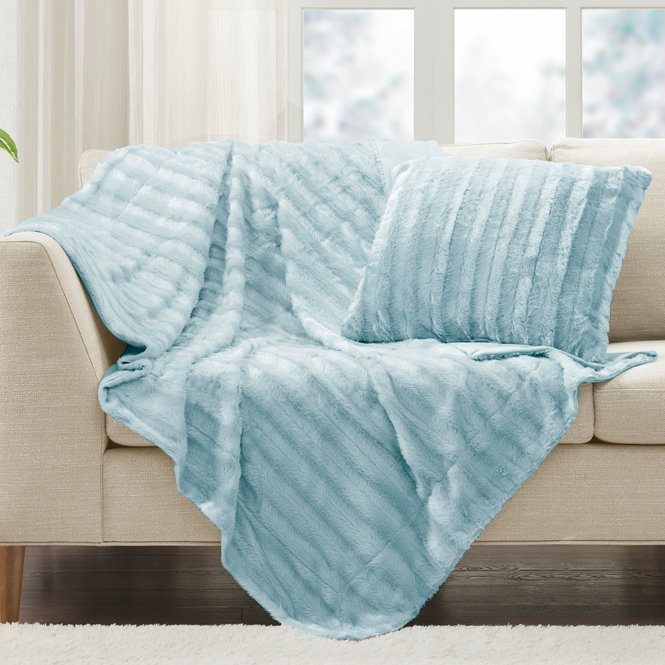 Blue Long Faux Fur Reversible Throw Blanket