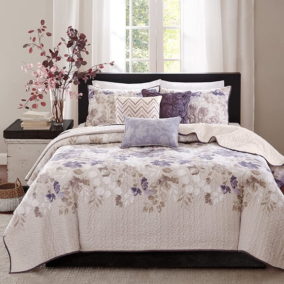 Madison Park Luna Quilt Modern Classic Design All Season, Breathable Coverlet Lightweight Bedding Set, Matching Shams, Decorative Pillow, Full/Queen(90"x90"), Floral Taupe 6 Piece