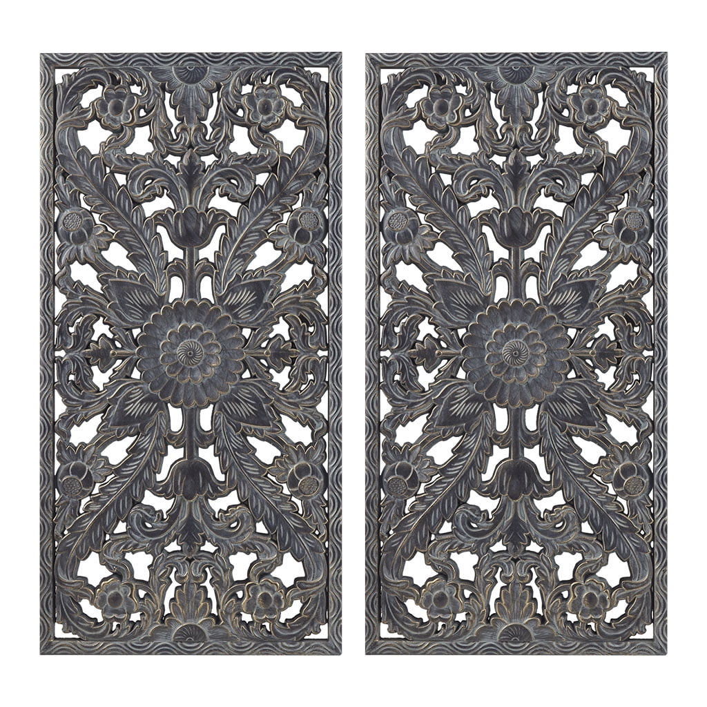 Antique Blue Carved Botanical MDF Wall Panel Set