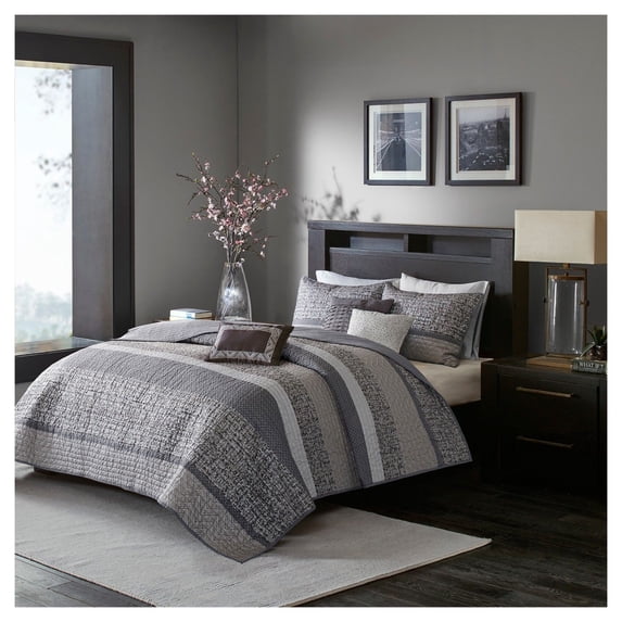Madison Park MP13-3399 Rhapsody 6 Piece Quilted Coverlet Set Full and Queen, Gray