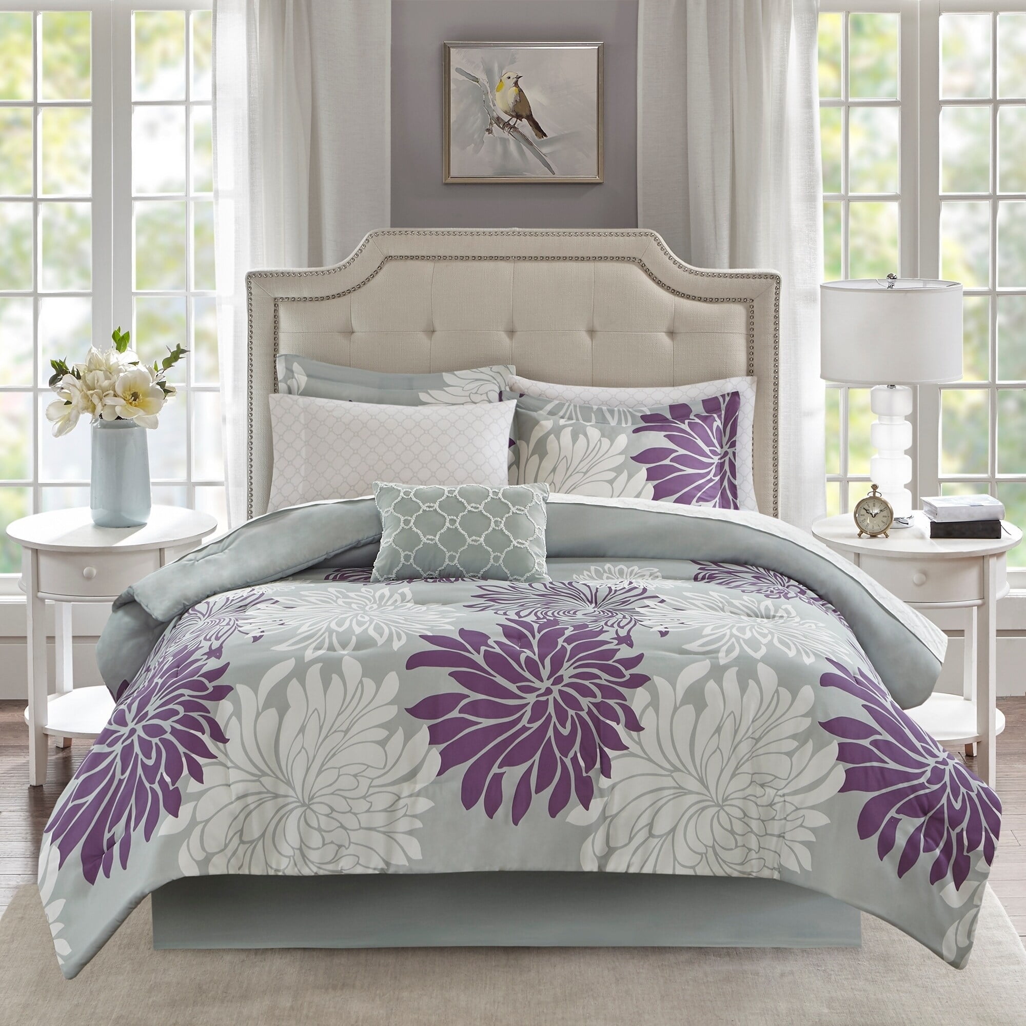 Twin Purple Floral Microfiber Comforter Set with Embroidered Pillow