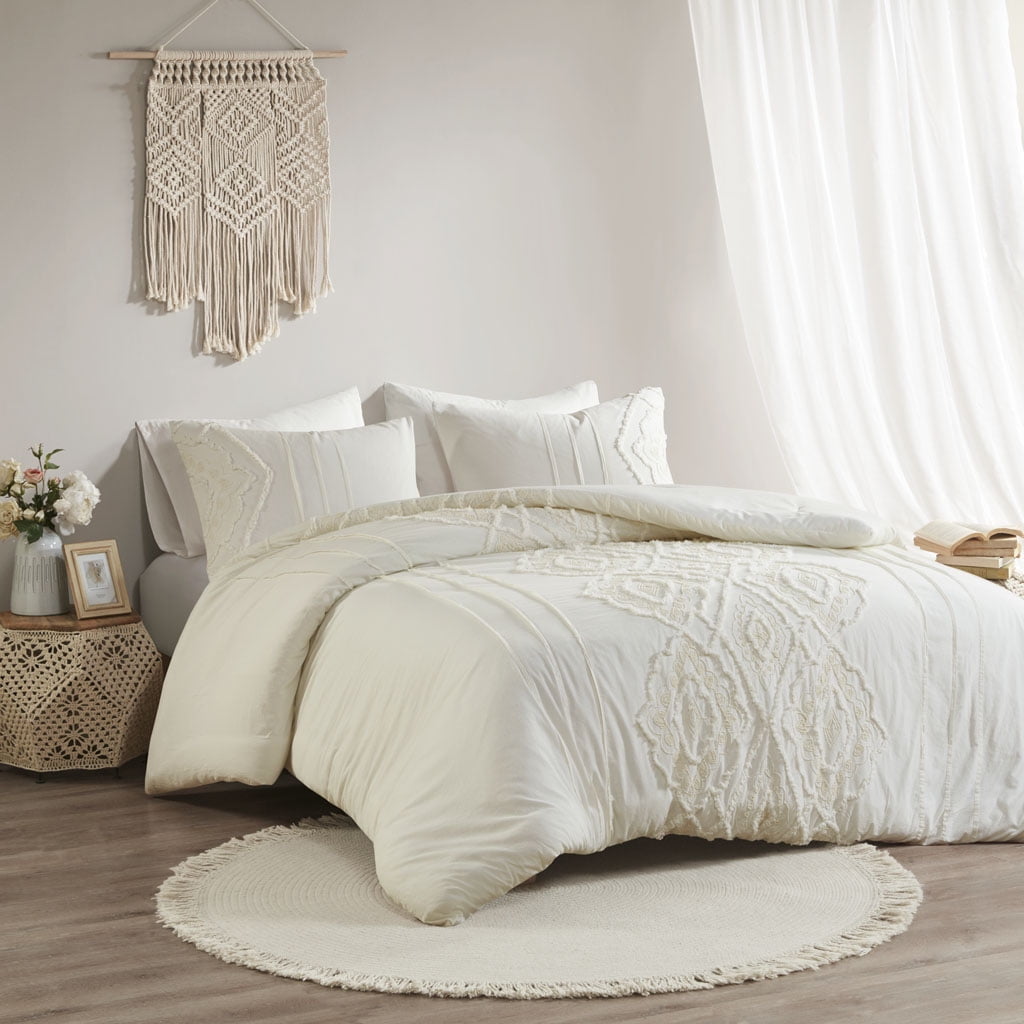 Full White Cotton Comforter Set with Embroidered Shams