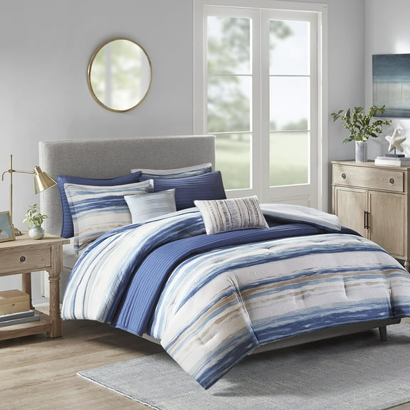 Madison Park Marina Full/Queen 8-Piece Printed Seersucker Comforter and Coverlet Set Collection, Blue