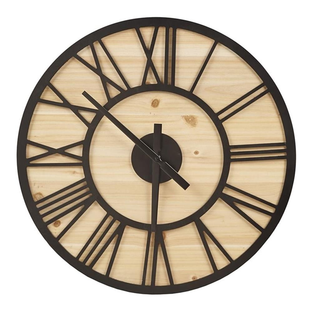 Mason 23.6" Natural Wood and Black Metal Wall Clock