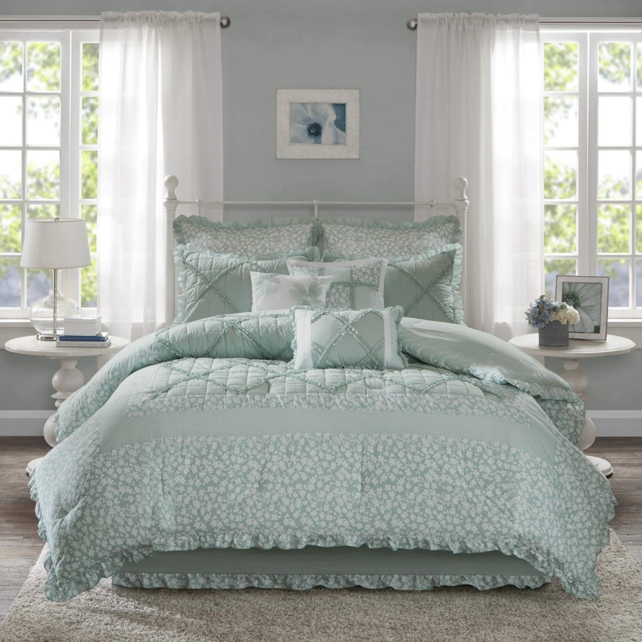 California King Seafoam Green Cotton 9-Piece Comforter Set