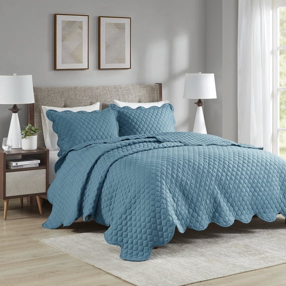 Madison Park Nala Full/Queen 3-Piece Scalloped Edge Crinkle Microfiber Quilt Set, Teal