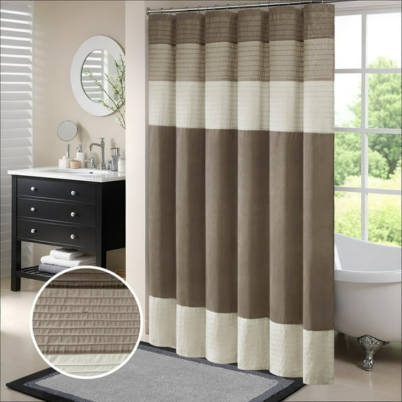 Madison Park Natural Faux Silk Shower Curtain, Striped Lightweight Bath Curtain Decor, Brown Curtain for Bathroom, 72"x72"