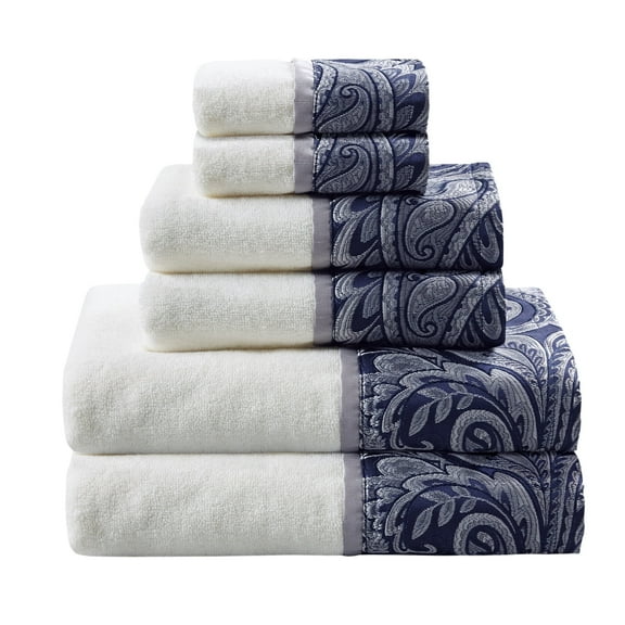 Madison Park Navy Bath Towel Set, 100% Cotton Bath Towels, 6-Piece Soft Jacquard Bath Towels, Hand Towels, Fingertip Towels, Navy/White