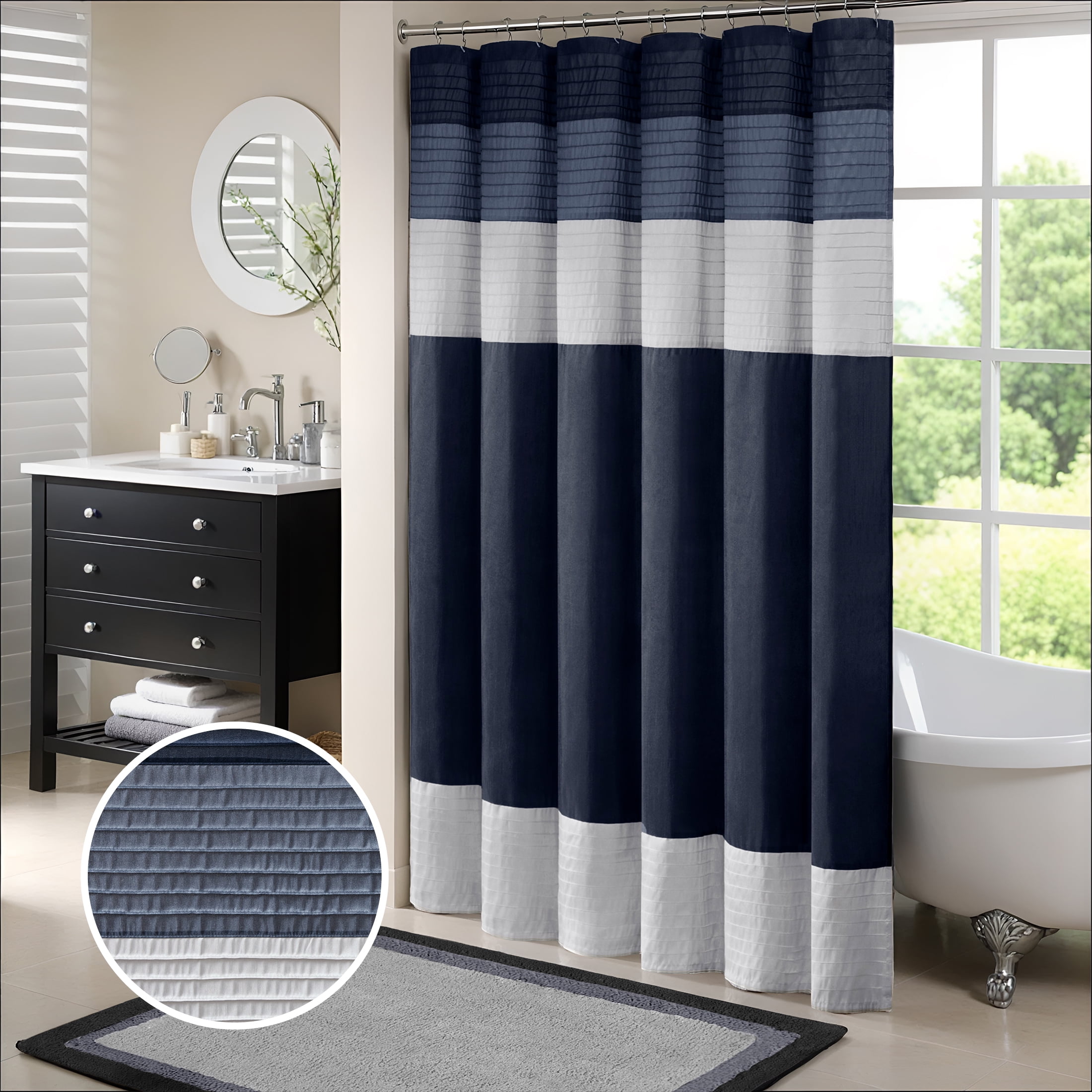 Madison Park Navy Faux Silk Shower Curtain, Striped Lightweight Bath ...