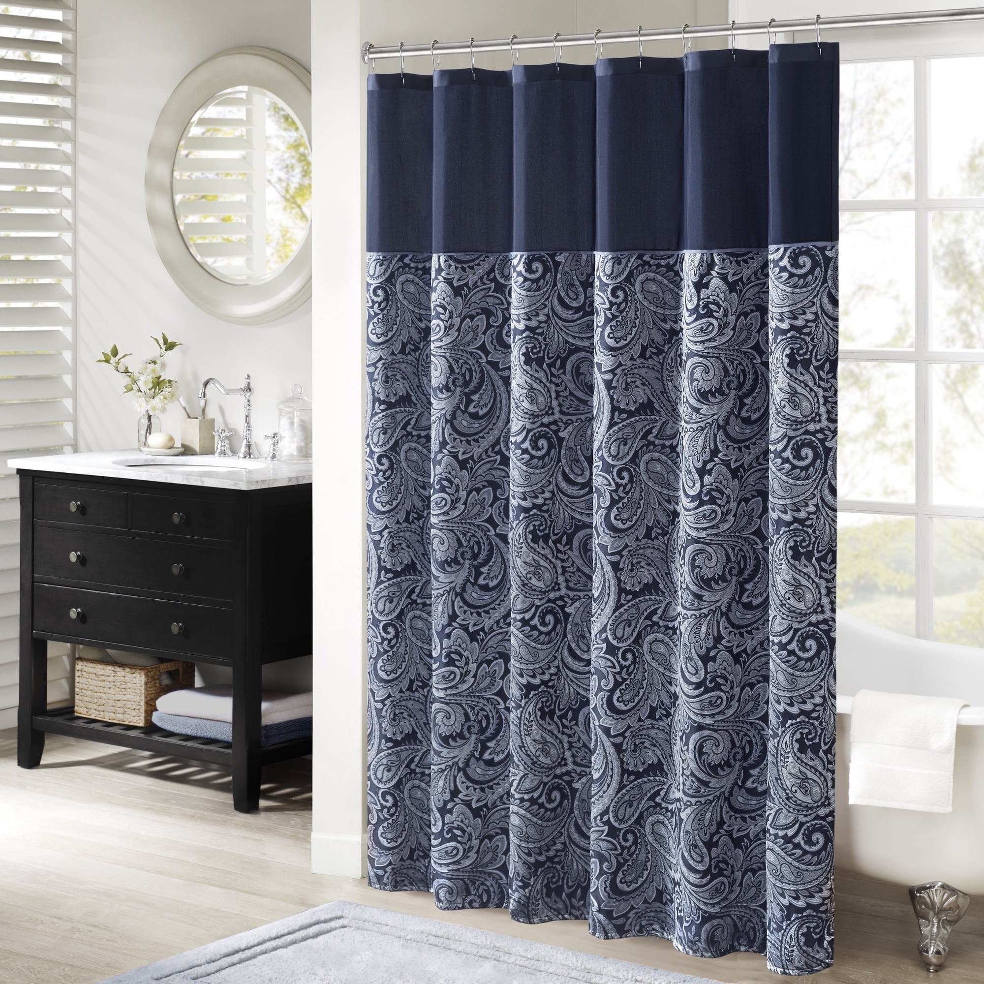 Navy Paisley Jacquard Shower Curtain with Color Block Panel