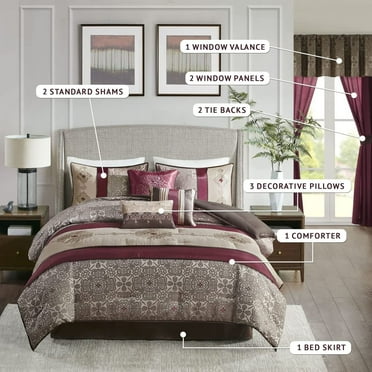 Madison Park Neyson Faux Silk 12-Piece Red Medallion Jacquard Design Comforter Set with Curtains, Queen