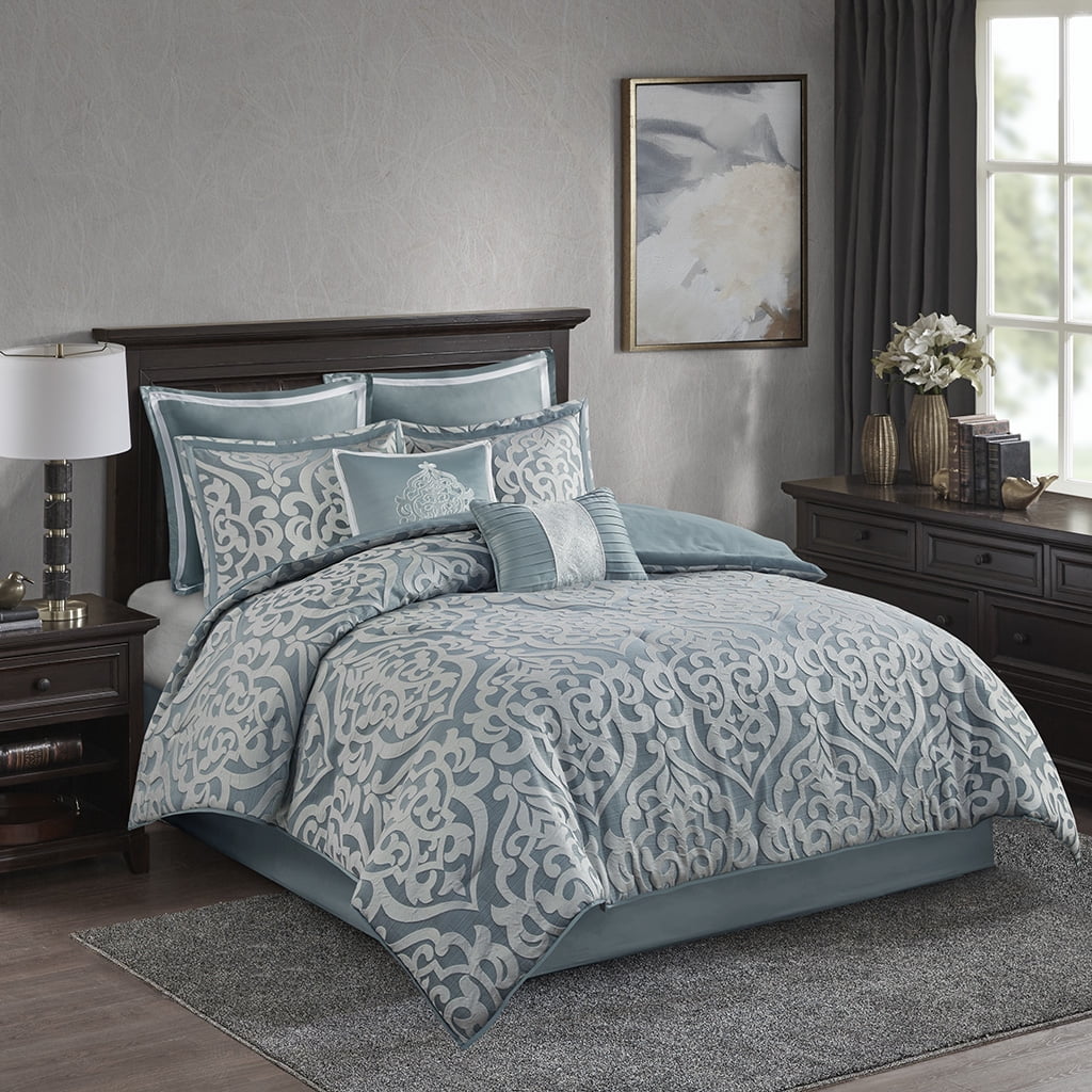 Aqua and Silver King Microfiber 8-Piece Comforter Set