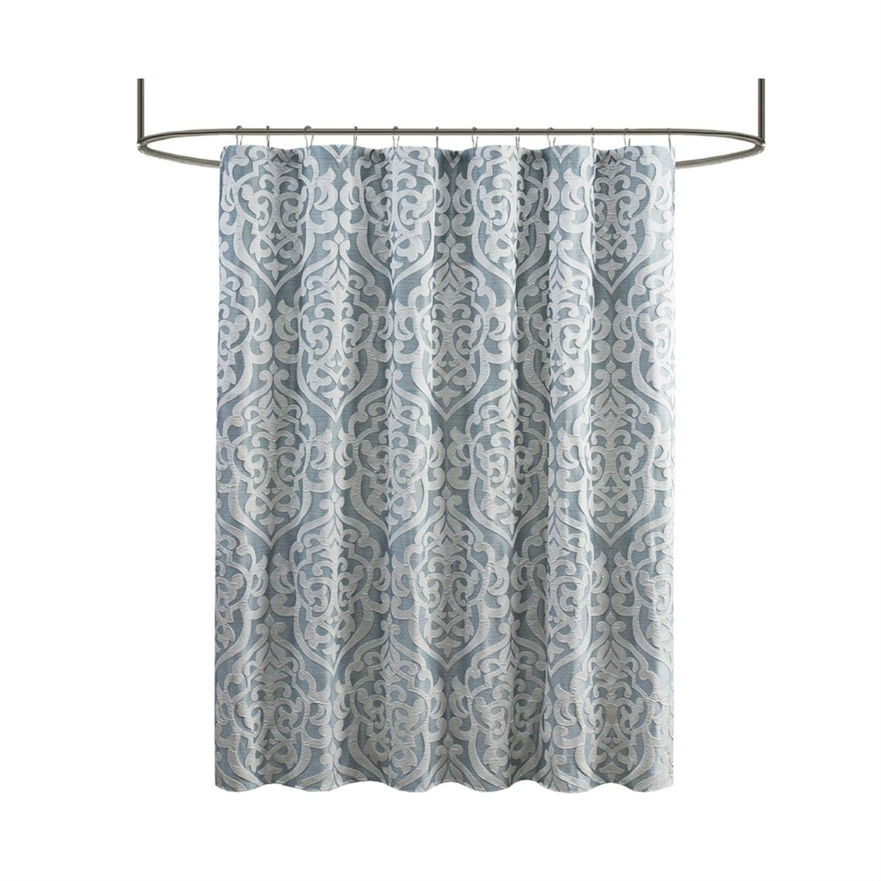 Aqua and Silver Damask Jacquard Fabric Shower Curtain