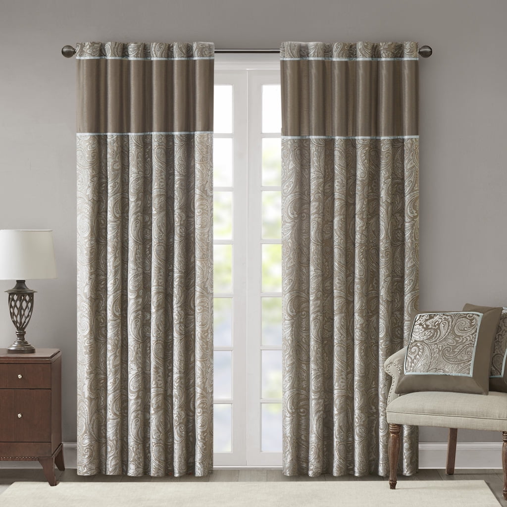 Extended Blue Faux Silk Jacquard Drapes with Trim