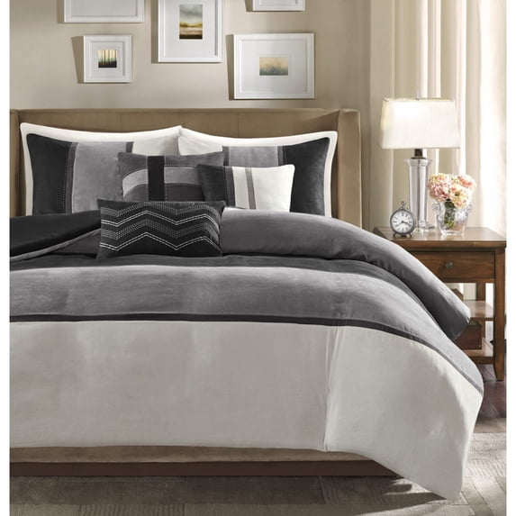Madison Park Palisades Faux Suede Duvet Modern Pieced Stripe Design, Comforter - Full/Queen - Black