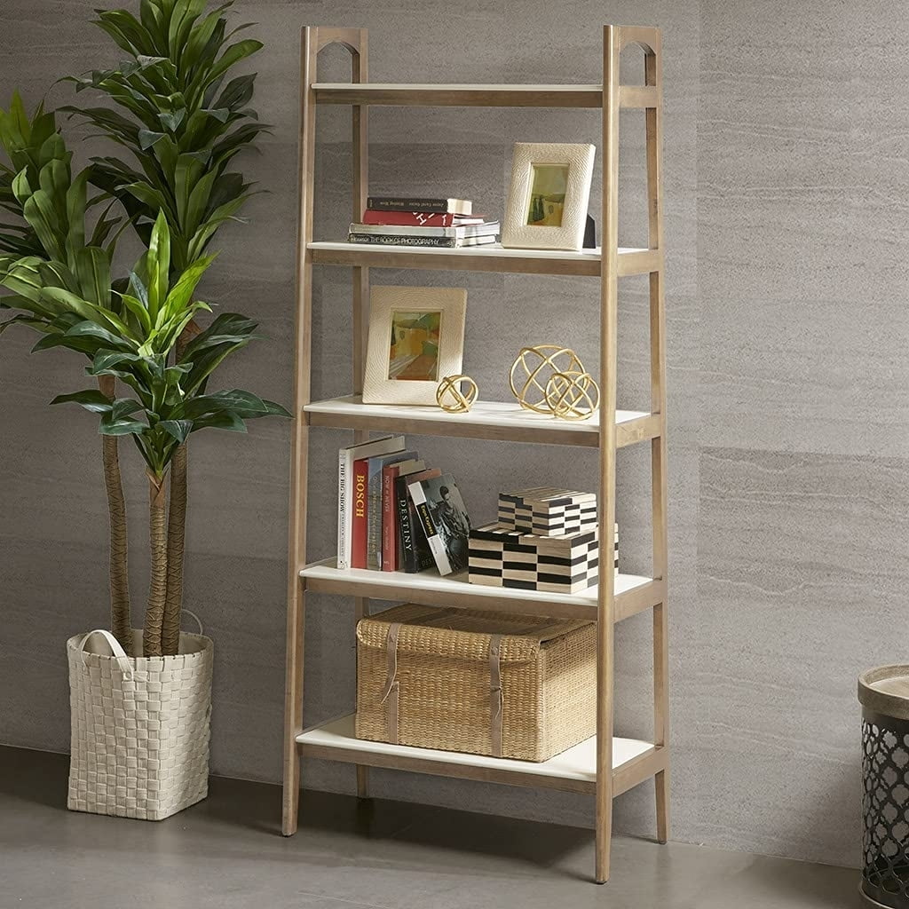 Parker Mid-Century Solid Wood and MDF Ladder Bookcase in Off-White/Natural