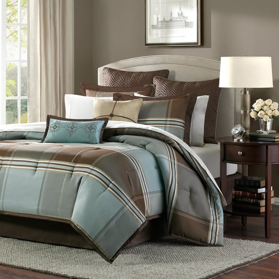 Madison Park Plaid Lincoln Square 8-Piece California King Comforter Bedding Set, Brown