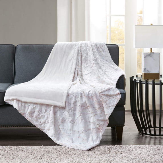 Madison Park Polyester Marble Printed Knitted Long Fur Throw MP50-6877