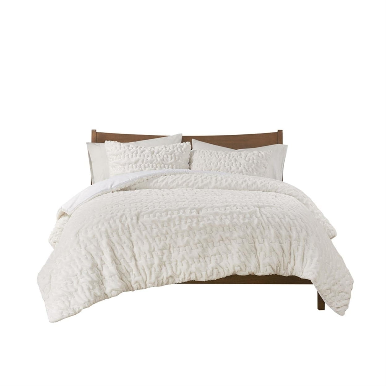 Ivory Ruched Faux Fur Full Comforter Set with Microfiber