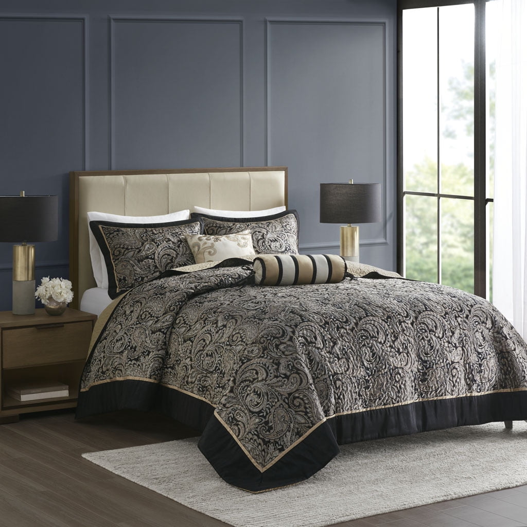 Aubrey Queen Black Cotton Reversible Jacquard Bedspread Set