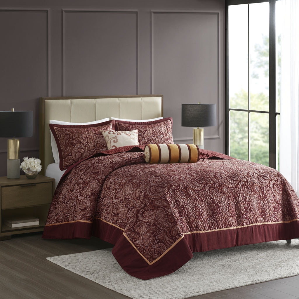 Burgundy Reversible Queen Microfiber Jacquard Bedspread Set