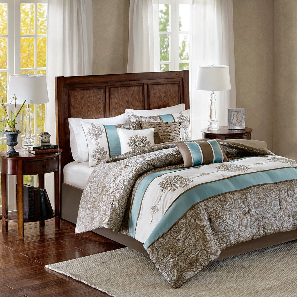 Caroline Queen Brown and Blue Jacquard Comforter Set