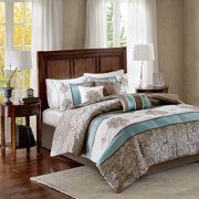 Madison Park Queen Size Jacquard 7 Piece Comforter Set Blue,Bed in a Bag,All Season Bed Set,Cozy and Lightweight