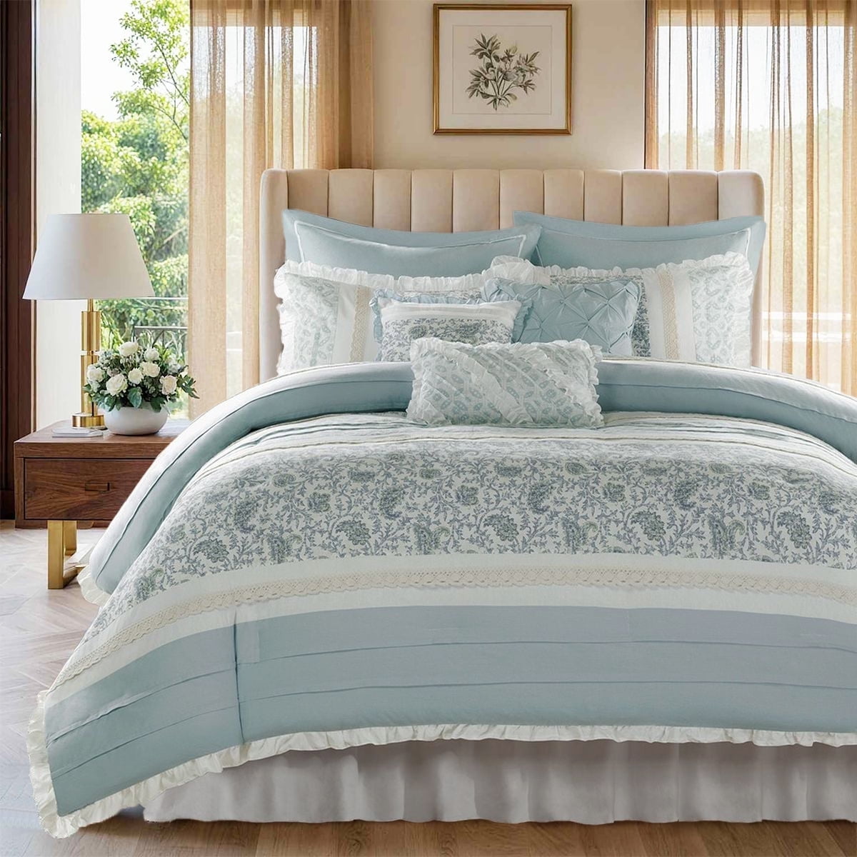 Blue Floral Queen Cotton Reversible Comforter Set
