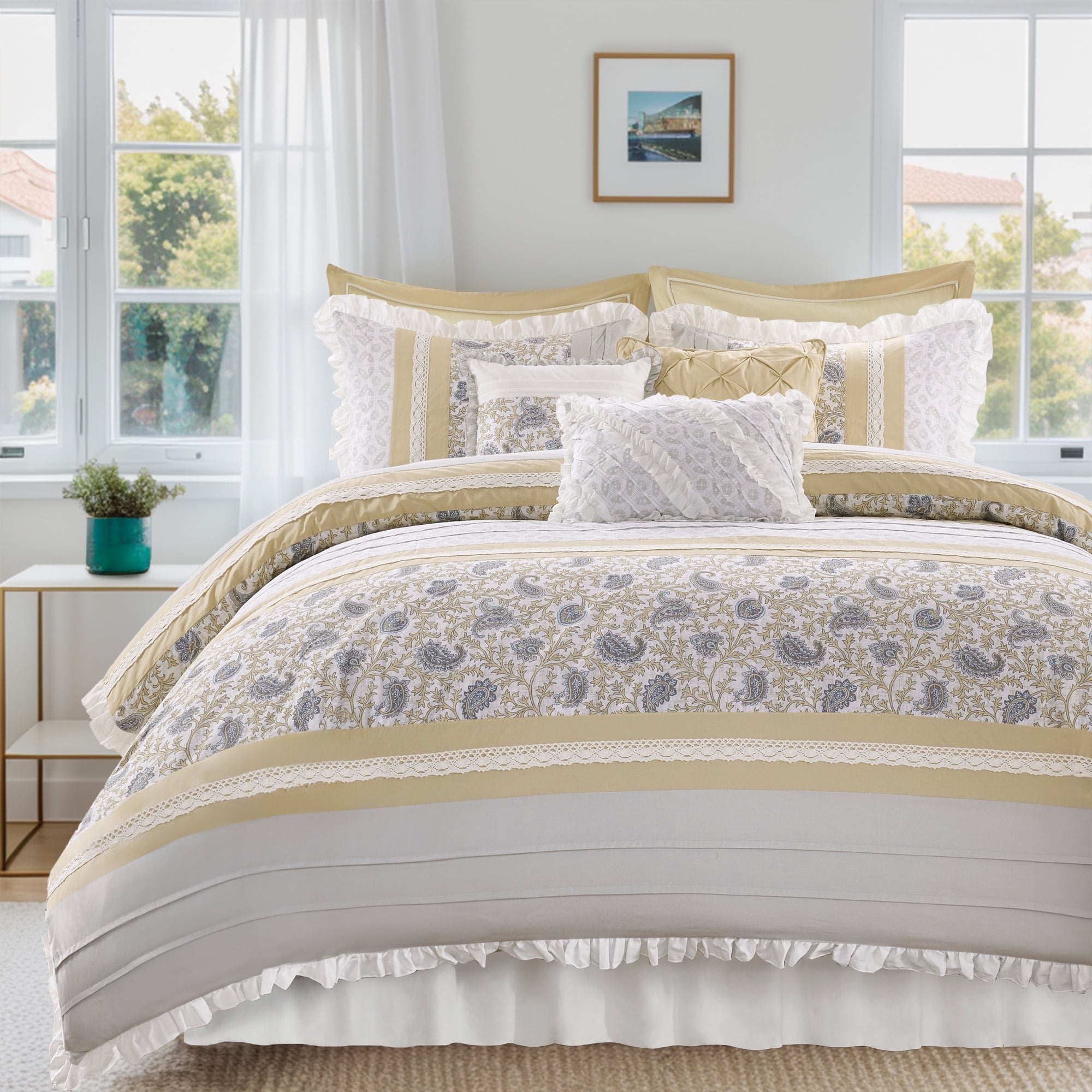 Madison Park Queen Cotton 9 Piece Comforter Set with Lace Taping Pintucked Printed Bed in a Bag Bedding Set with Decorative Pillows and Euro Shams
