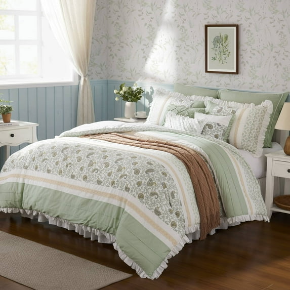 Madison Park Queen Cotton 9-Piece Comforter Set with Lace Taping Pintucked Printed Bed in a Bag Bedding Set with Decorative Pillows and Euro Shams, Sage Green