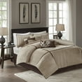 thumbnail image 1 of Madison Park Queen Faux Suede Comforter Set 7-Piece Blocks Design Pieced All Season Bedding Set, Beige, 1 of 5