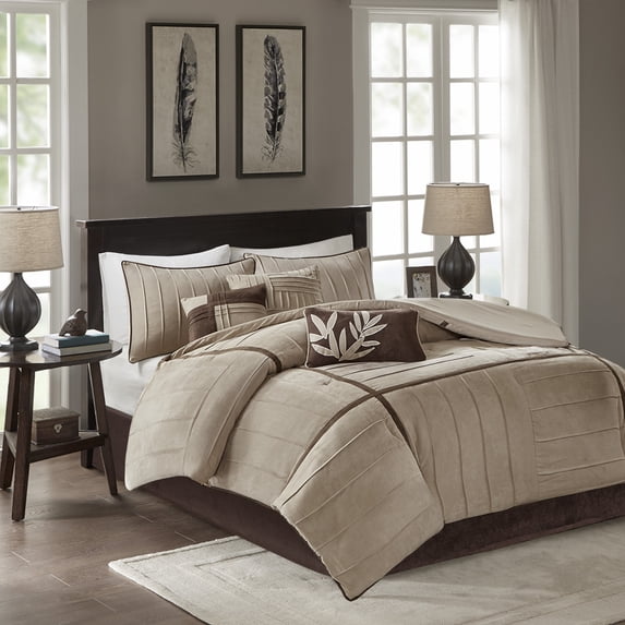 Madison Park Queen Faux Suede Comforter Set 7-Piece Blocks Design Pieced All Season Bedding Set, Beige