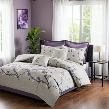 Madison Park 8 Piece Queen Floral Comforter Set, Cotton Comforter Bed in A Bag with Bedskirt, Spring Floral Comforter Bed Set, Bedding Sets with Decorative Pillow for Girls, Purple/Taupe