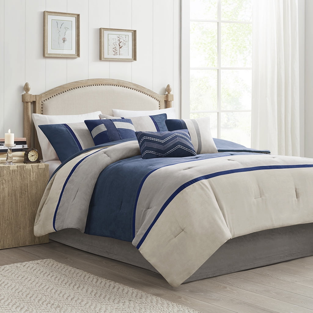 Blue and Beige Queen Reversible Microfiber Comforter Set
