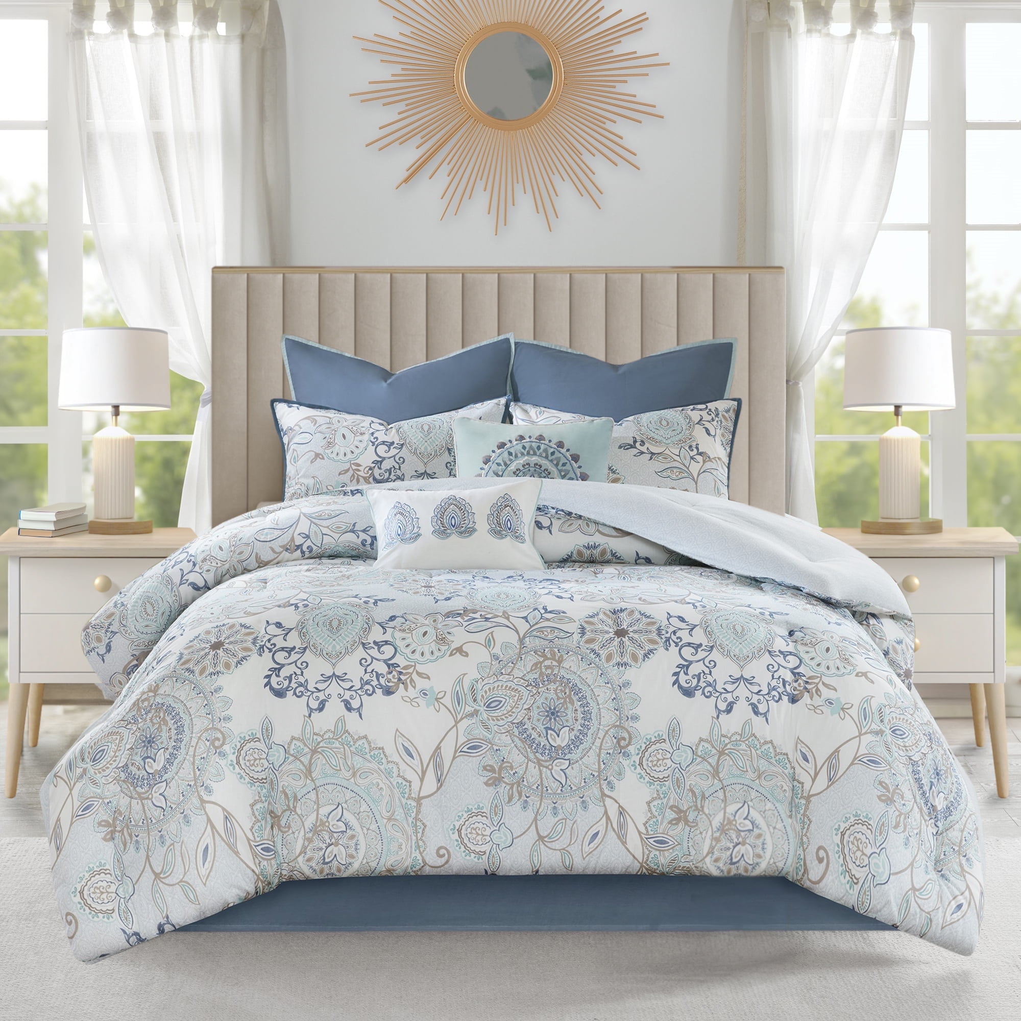 Madison Park 8-Piece Reversible Floral Cotton Comforter Set with Bed Skirt and Decor Pillows, Queen,Blue