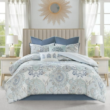 Madison Park 8-Piece Reversible Floral Cotton Comforter Set with Bed Skirt and Decor Pillows, Queen,Blue