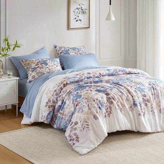 Madison Park Queen Size 7 Piece Floral Comforter Set with Bed Sheets Blue,Bed in a Bag,All Season Bed Set,Cozy and Lightweight