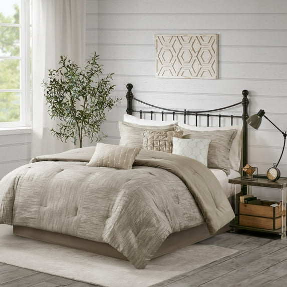 Madison Park Queen Size Comforter Set 7-Piece Printed Seersucker All Season Modern Taupe Bedding Set
