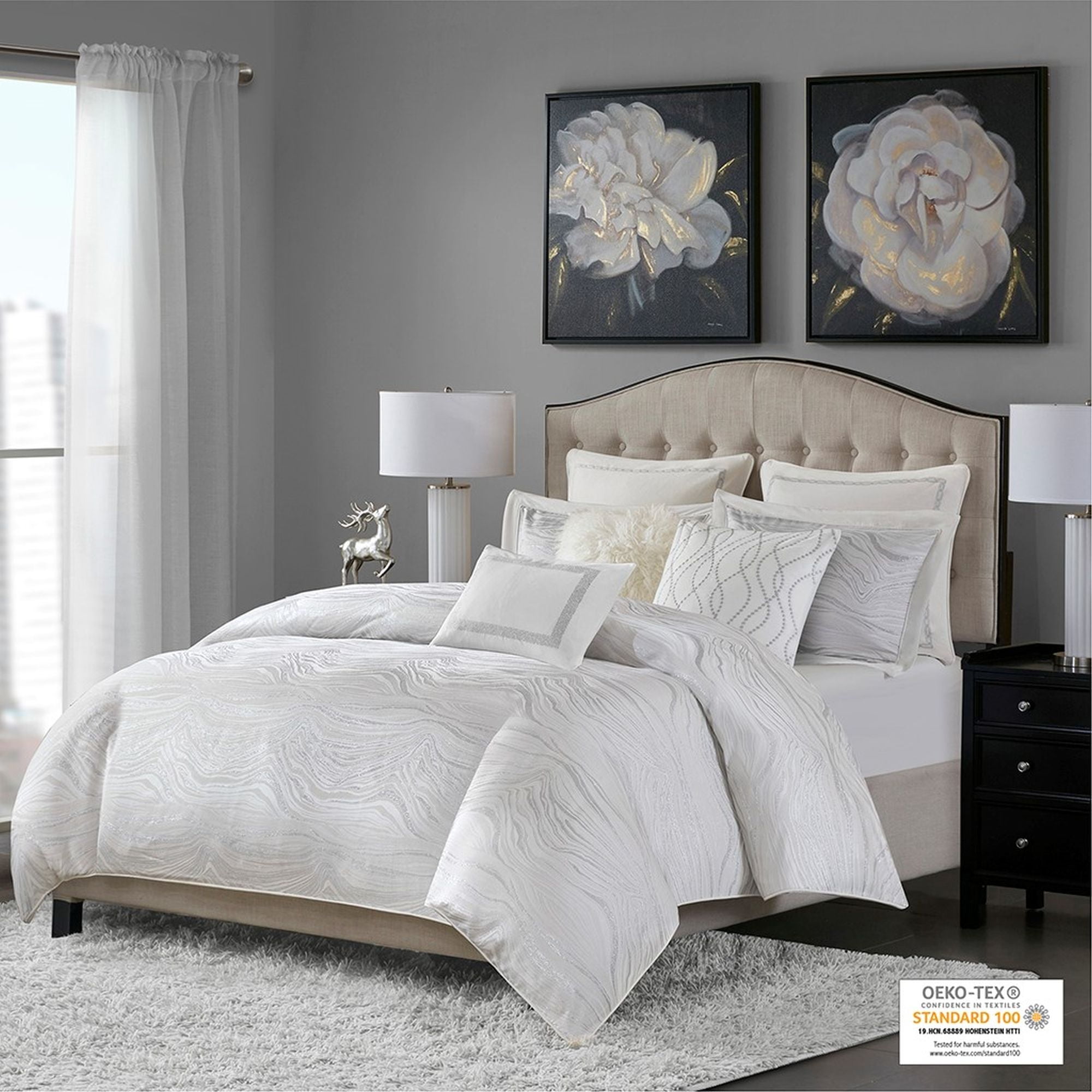 Hollywood Glam White Jacquard Queen Comforter Set with Embroidered Pillows