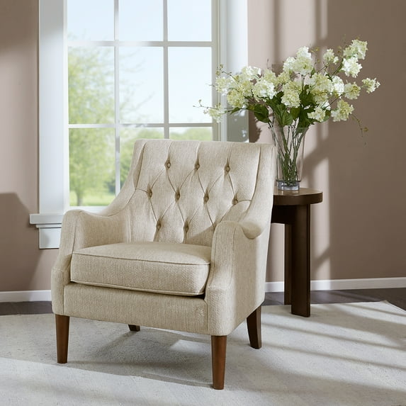 Madison Park Qwen 33.5" Fabric and Solid Wood Button Tufted Accent Chair - Beige