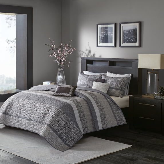 Madison Park Rhapsody 6-Piece Jacquard Quilt Set with Throw Pillows - Gray/Taupe