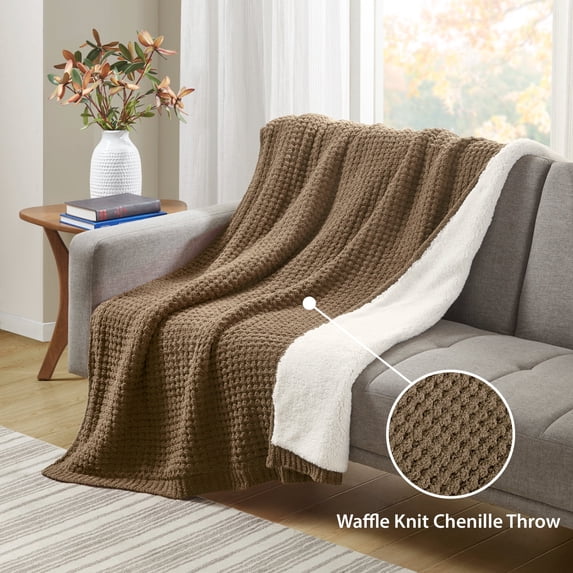 Madison Park Rowan 50x60" Contemporary Chenille Waffle Knit Throw in Brown