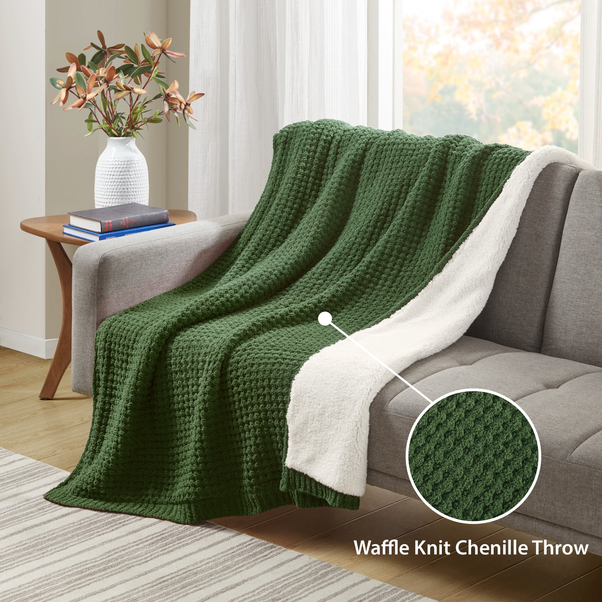 Green Waffle Knit Chenille Sherpa Reversible Throw Blanket