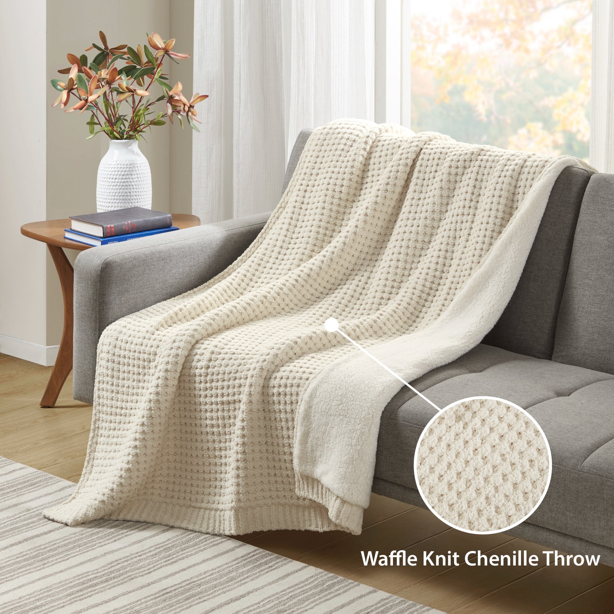 Ivory Waffle Knit Chenille and Sherpa Reversible Throw Blanket